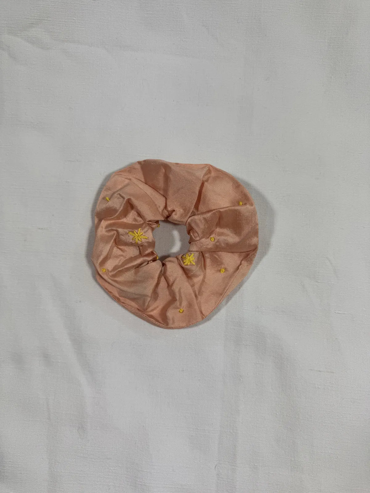 Dupion Silk Hand Embroidered Scrunchie - Apricot Pink Medium