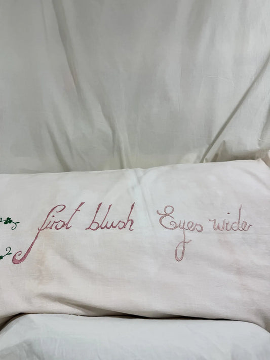 Embroidered pillow with decorative text on a white background