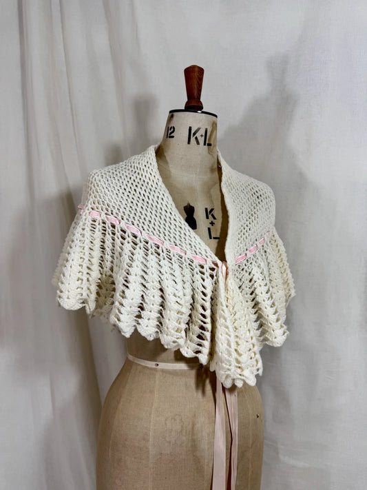 1930s cream crochet shawl with pink velvet ribbon