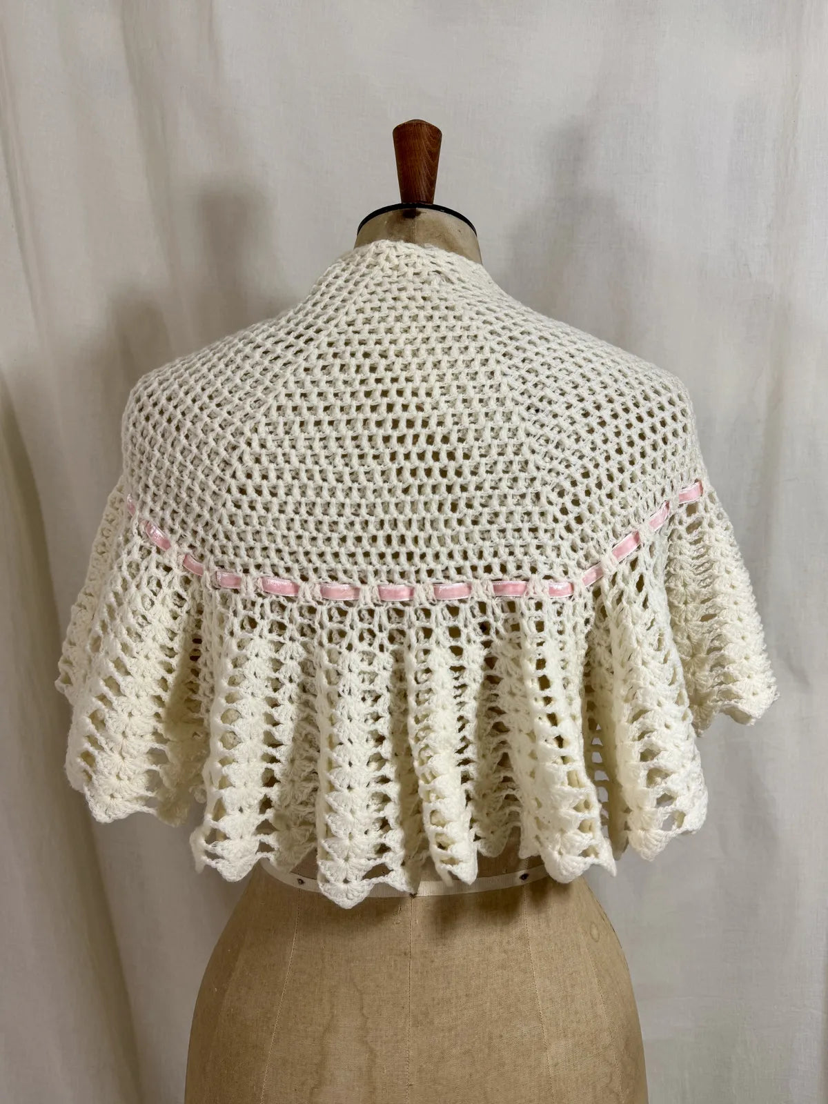 1930s cream crochet shawl with pink velvet ribbon