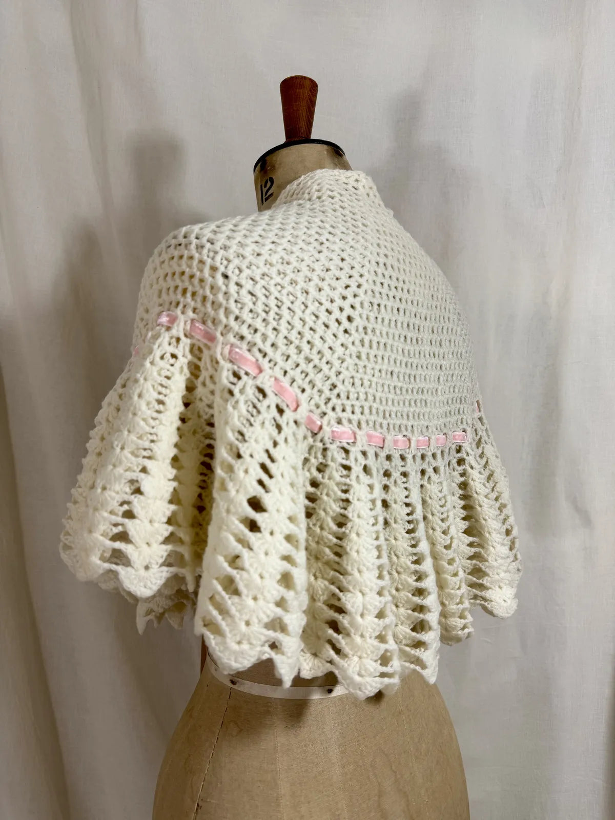 1930s cream crochet shawl with pink velvet ribbon