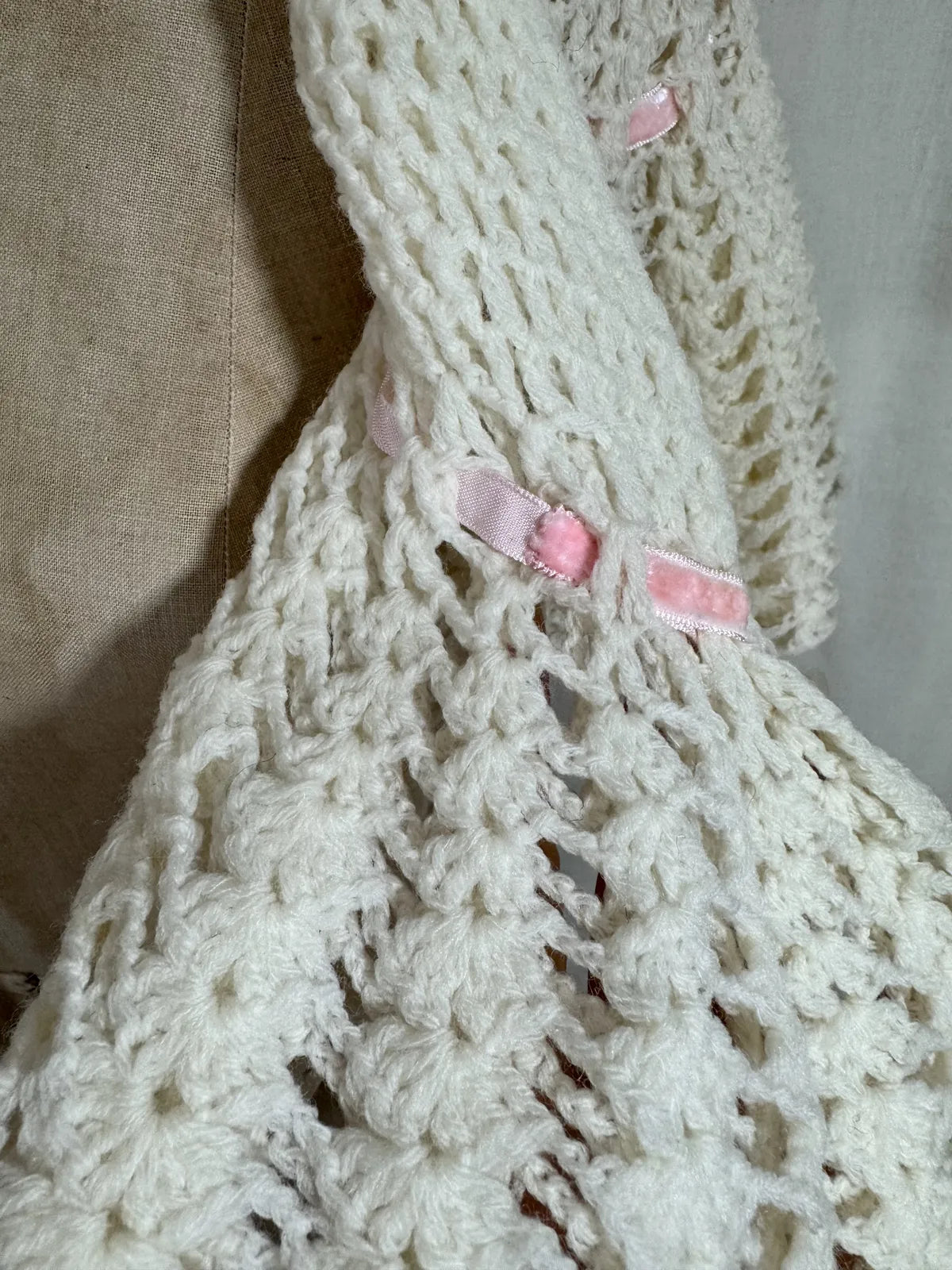 1930s cream crochet shawl with pink velvet ribbon