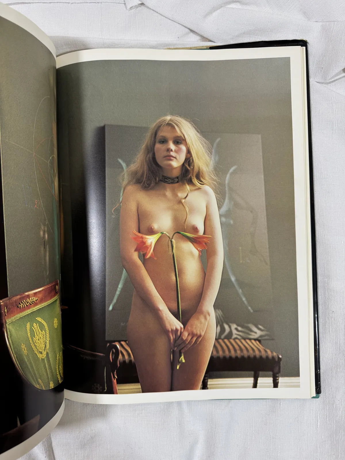 Open book showing a nude woman in a red dress with a blurred background